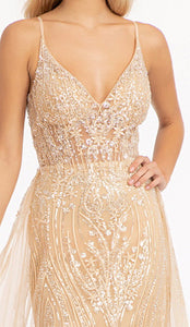 La Merchandise LAS3043 Long V-Neck Formal Dress w/ Overlay Skirt Train - - LA Merchandise