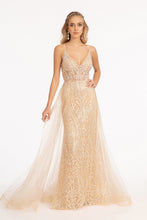 Load image into Gallery viewer, La Merchandise LAS3043 Long V-Neck Formal Dress w/ Overlay Skirt Train - CHAMPAGNE - LA Merchandise