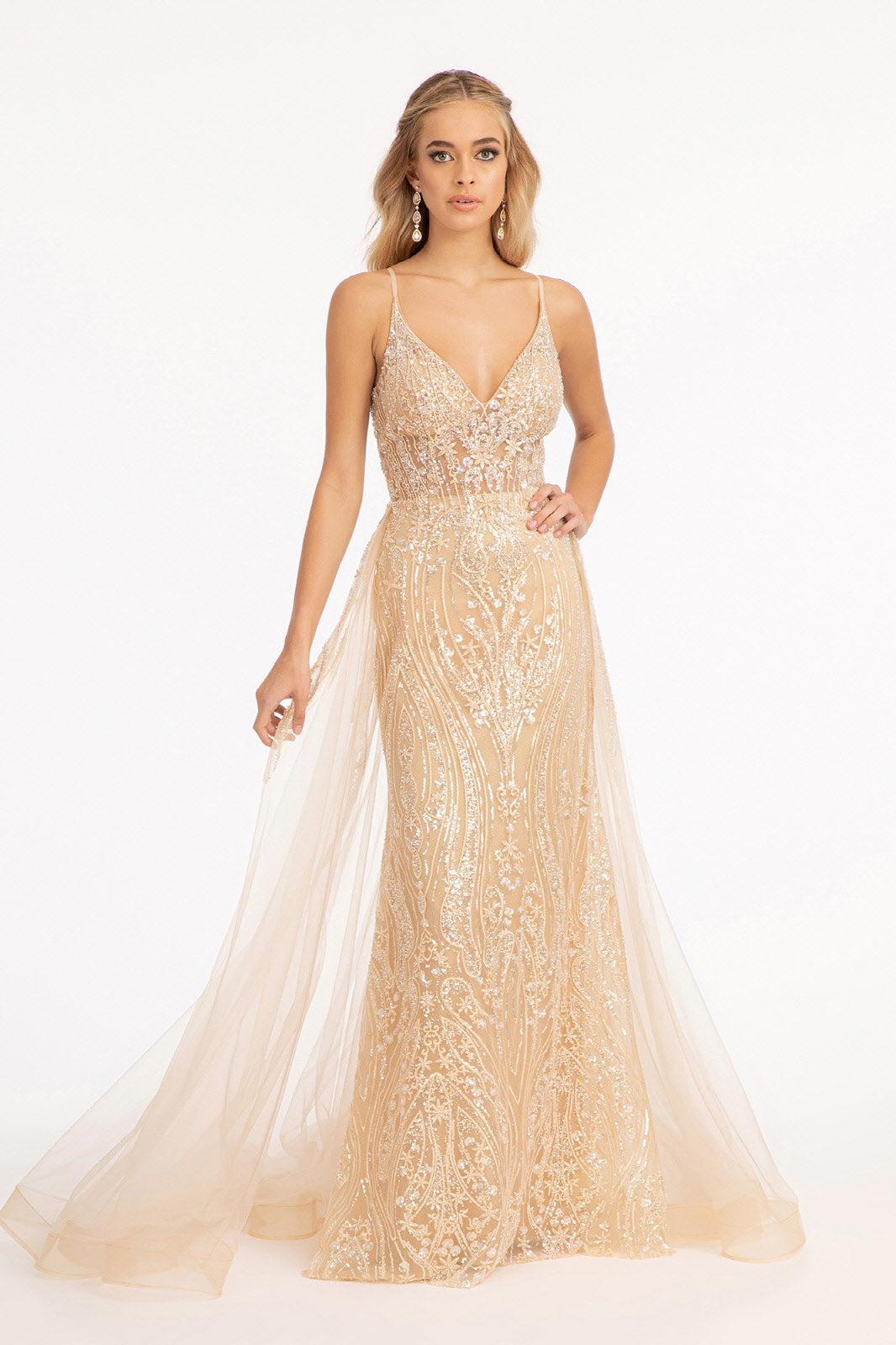 La Merchandise LAS3043 Long V-Neck Formal Dress w/ Overlay Skirt Train - CHAMPAGNE - LA Merchandise