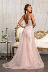 La Merchandise LAS3043 Long V-Neck Formal Dress w/ Overlay Skirt Train - - LA Merchandise