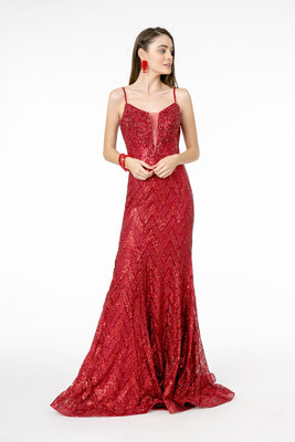 La Merchandise LAS2950 Embellished Spaghetti Straps Long Formal Gown - BURGUNDY - LA Merchandise