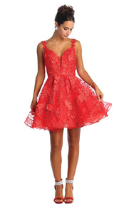 La Merchandise LA1896 Short Floral Embroidery A-line Homecoming Dress - RED - LA Merchandise