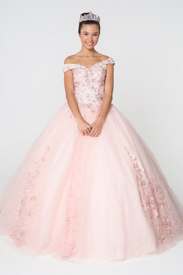 La Merchandise LAS2802 Off the Shoulder Embroidered Quince Ball Gown - BLUSH - LA Merchandise