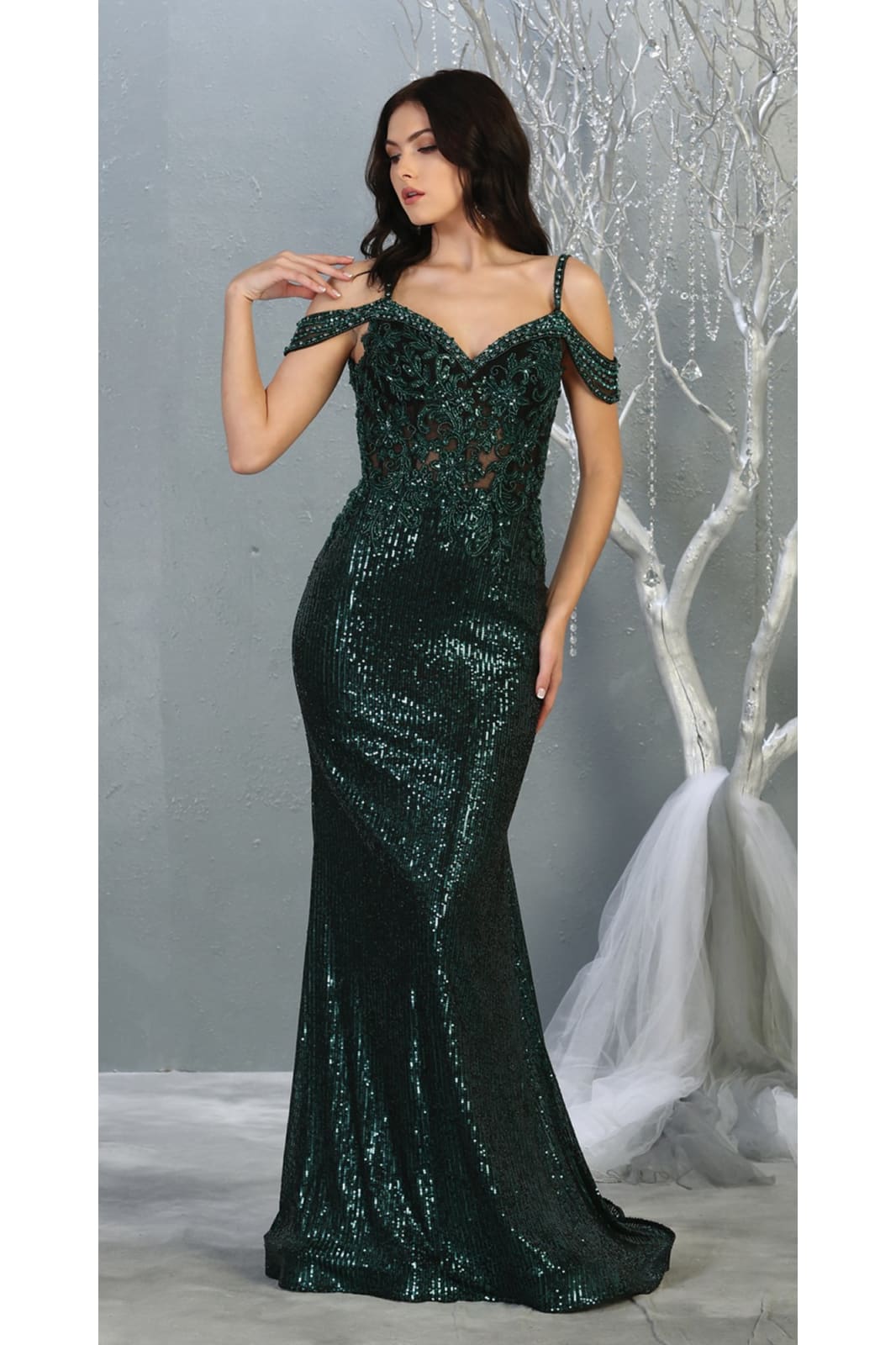 Fancy Off shoulder Formal Gown- LA7877 - Hunter Green - LA Merchandise