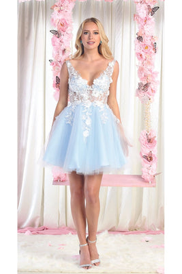 Floral Party Cocktail Dress - LA1863 - BABY BLUE IVORY - LA Merchandise