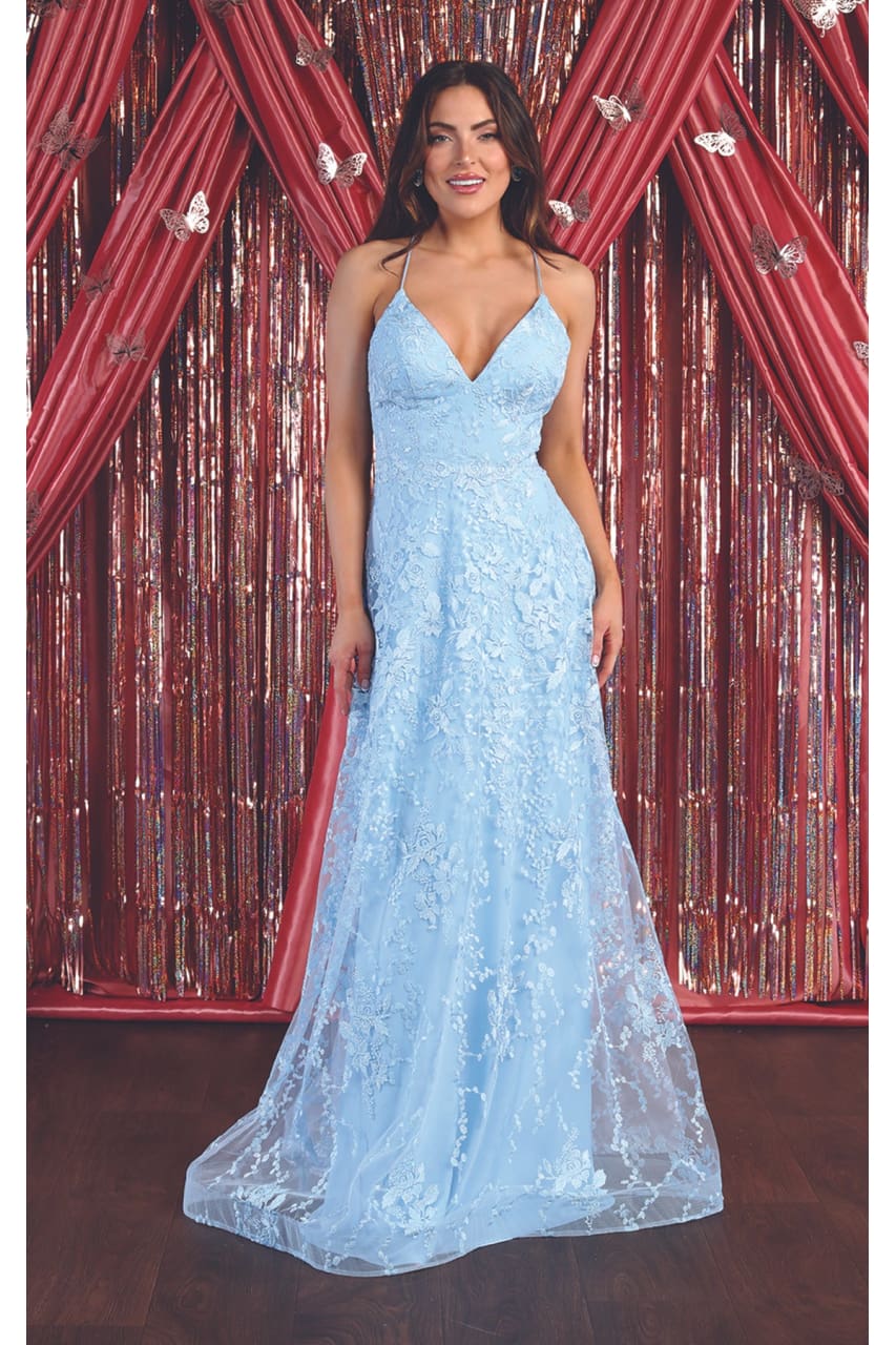 La Merchandise LA1885 Floral Lace Open Back Evening Prom Gown - BABY BLUE - LA Merchandise