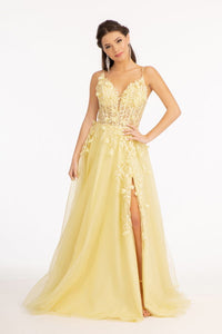La Merchandise LAS3034 Flower Applique Glitter Mesh A-line Formal Gown - Yellow - Dresses LA Merchandise