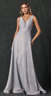 Load image into Gallery viewer, La Merchandise LAT208 Silver V-Neck Glitter Prom A-line Wholesale Gown - SILVER - LAT