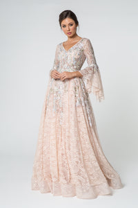 Quarter Sleeve Lace & Embroidery A-Line Long Dress- GL1592