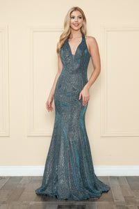 Glitter Iridescent knit Prom Dress - LAY8384 - TEAL - LA Merchandise