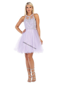 Halter lace applique & rhinestone short sassy mesh dress- LA1643 - Lilac - LA Merchandise