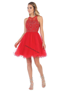 Halter lace applique & rhinestone short sassy mesh dress- LA1643 - Red - LA Merchandise