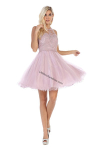 Halter lace applique & rhinestone short sassy mesh dress- LA1643 - Mauve - LA Merchandise