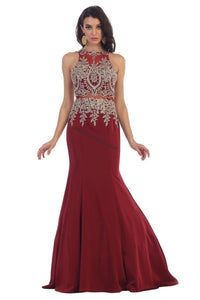 Halter metallic lace applique & Ity mermaid dress - LA7484 - Burgundy - LA Merchandise