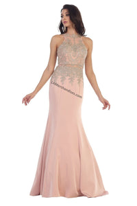 Halter metallic lace applique & Ity mermaid dress - LA7484 - Dusty/Rose - LA Merchandise