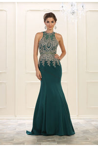 Halter metallic lace applique & Ity mermaid dress - LA7484 - Hunter Green 4 - LA Merchandise