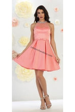 Load image into Gallery viewer, Halter rhinestones short sassy satin dress - LA1474 - Coral - Dress LA Merchandise