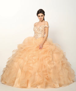 LA Merchandise LAT1421 Beaded Ruffled Ball Gown Sweet 16 Quince Dress - CHAMPAGNE/GOLD - LA Merchandise