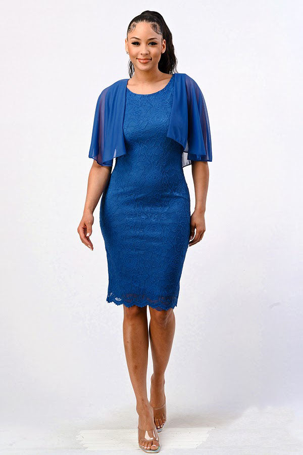 Knee length Mother of Bride Dress-LAN682 - Denim Blue - Dress LA Merchandise