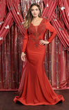 Load image into Gallery viewer, La Merchandise LA1772 Long Sleeve Stretchy Bodycon Evening Gown - RUST - LA Merchandise