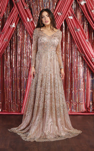 La Merchandise LA7920 Shiny Long Sleeve Plus Size MOB Formal Gown - Rose Gold - LA Merchandise