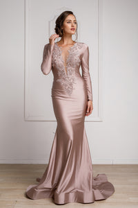 La Merchandise LAA382 Mermaid Stretchy Fitted Long Sleeve Formal Dress - Dusty Rose/Mauve - LA Merchandise