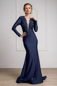 La Merchandise LAA382 Mermaid Stretchy Fitted Long Sleeve Formal Dress - Navy Blue - LA Merchandise