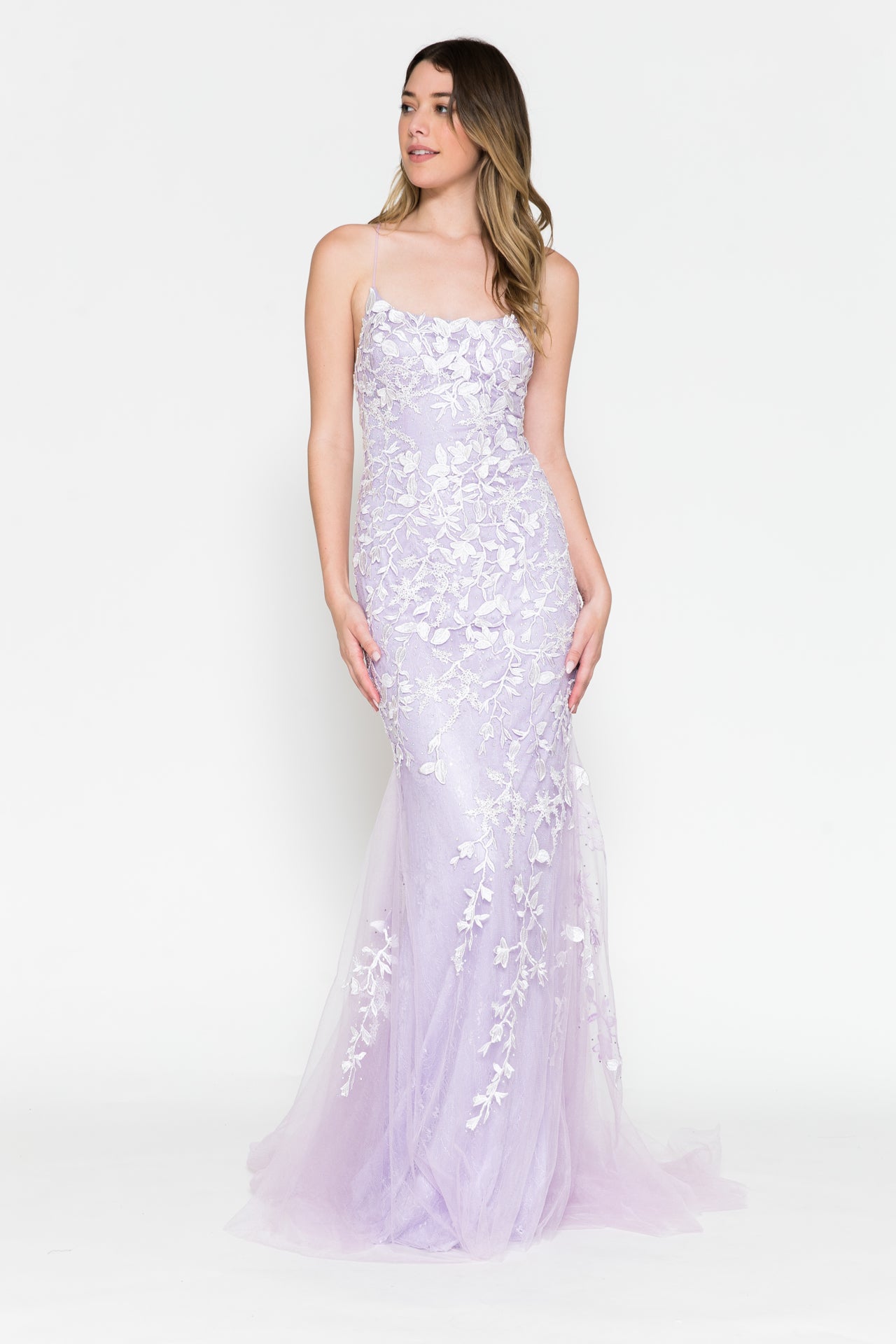 LA Merchandise LAA799 Long Corset Back Embroidered Prom Formal Dress - Lilac - LA Merchandise