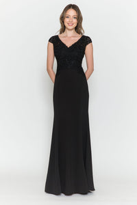 La Merchandise LAY8558 Cap Sleeve Long Mother of Bride Evening Gown - Black - LA Merchandise