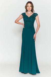 La Merchandise LAY8558 Cap Sleeve Long Mother of Bride Evening Gown - Emerald Green - LA Merchandise