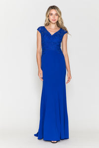 La Merchandise LAY8558 Cap Sleeve Long Mother of Bride Evening Gown - Royal Blue - LA Merchandise