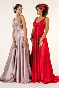 La Merchandise LAS2963 Simple Long Satin V-Neck Bridesmaids Dress - - LA Merchandise