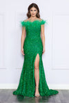 Load image into Gallery viewer, LA Merchandise LAY8980 Feather Off Shoulder Sequin Long Formal Dress - JADE - LAY