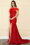 Load image into Gallery viewer, LA Merchandise LAY8980 Feather Off Shoulder Sequin Long Formal Dress - RED - LAY