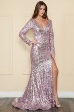 Load image into Gallery viewer, LA Merchandise LAY9010 Long Sleeve V-Neck Sequin Mermaid Dress