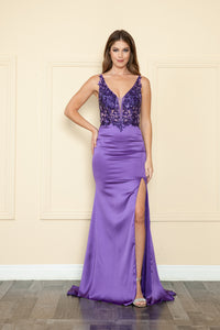 LA Merchandise LAY9162 Sleeveless Embroidered V-Neck Bodycon Prom Gown