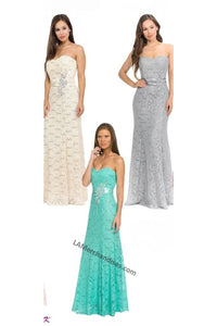 Long strapless rhinestone lace dress- LA5113 - - LA Merchandise