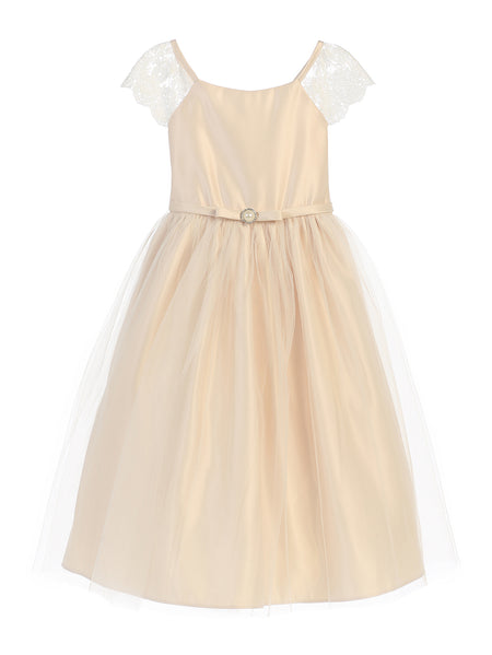 Little Girl Lace & Pearl Dress - LAK621 - Champagne - LA Merchandise