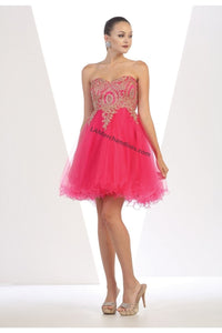Lace applique & sequins mesh sassy short dress - LA1414 - FUCHSIA - LA Merchandise