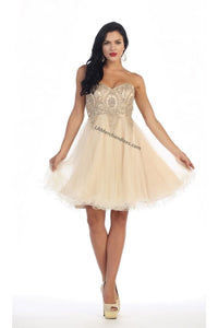 Lace applique & sequins mesh sassy short dress - LA1414 - CHAMPAGNE - LA Merchandise
