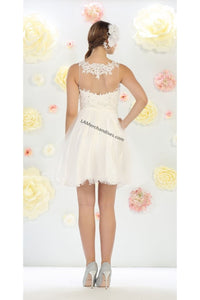 lace applique & rhinestone short mesh bridal dress- LA1429B - - LA Merchandise