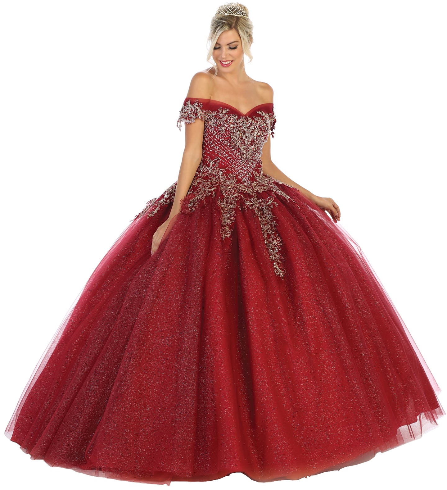 LA Merchandise LA119 Off Shoulders Embroidered Mesh Quinceanera Dress - Burgundy - LA Merchandise