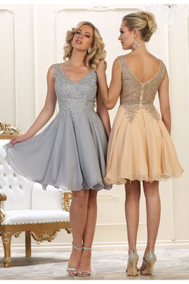 LA Merchandise LA1417 V Neck Embroidered A Line Short Homecoming Dress - Silver Silver - LA Merchandise