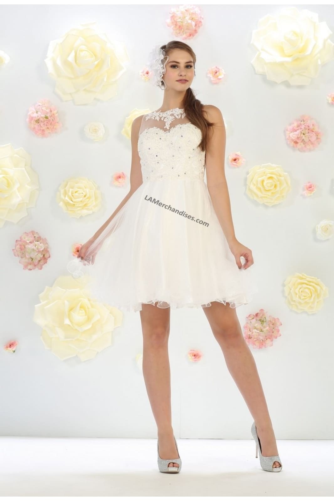 lace applique & rhinestone short mesh bridal dress- LA1429B - Ivory - LA Merchandise