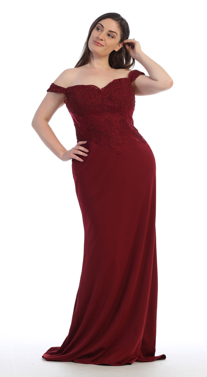LA Merchandise LA1529 Off The Shoulder Embroidered Formal Dress - BURGUNDY - LA Merchandise