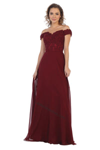 LA Merchandise LA1601 Off Shoulder Embellished Formal Evening Gown - BURGUNDY - LA Merchandise