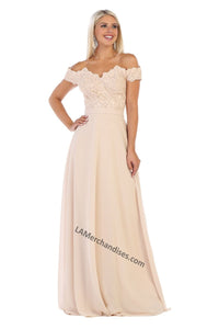 LA Merchandise LA1601 Off Shoulder Embellished Formal Evening Gown - CHAMPAGNE - LA Merchandise