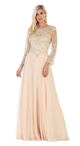 LA Merchandise LA1615 Elegant Long Sleeve Mother of the Bride Dress - Champagne - LA Merchandise