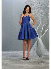 Load image into Gallery viewer, LA Merchandise LA1654 V Neck A-Line Short Satin Dress - ROYAL - LA Merchandise