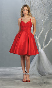 LA Merchandise LA1654 V Neck A-Line Short Satin Dress - RED - LA Merchandise